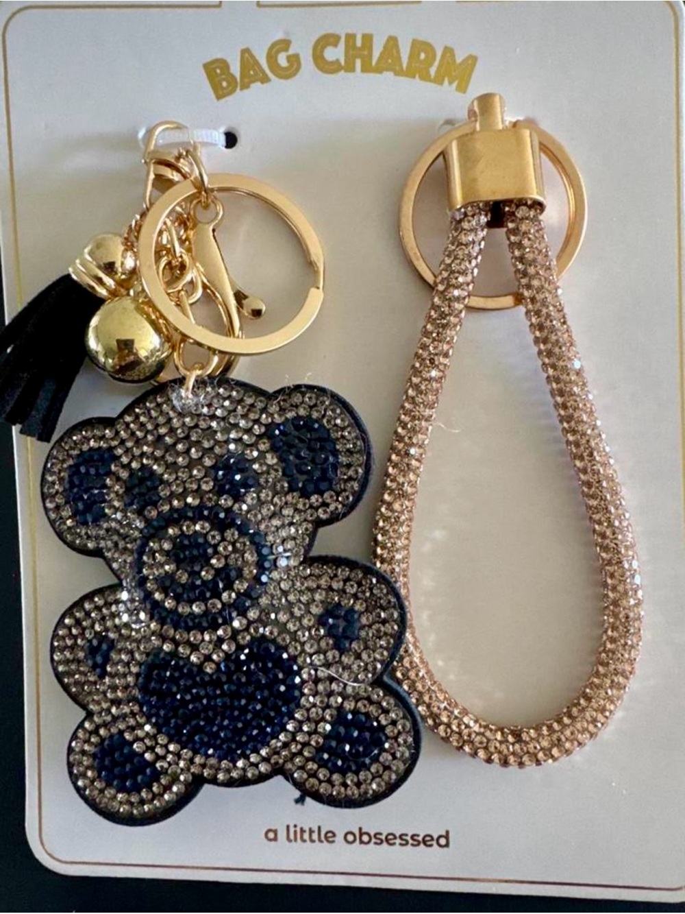 Rhinestone Teddy Bear Keychain and Beaded Loop Keyring - Gold